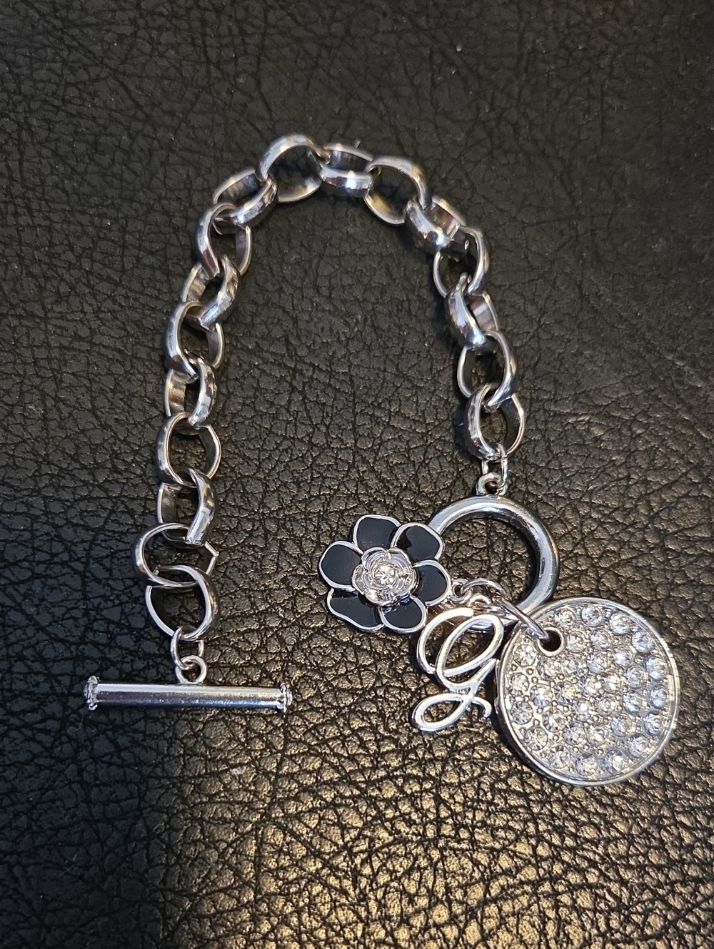 Guess Silver-Tone  Charm Toggle Bracelet with Pavé Crystal Studded Disc